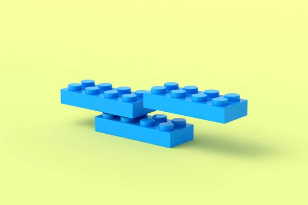 黄色背景的蓝色塑料玩具块 用于发展的矩形构造函数子 学前教育的砖头 构造函数的部件 3D渲染 — 图库照片