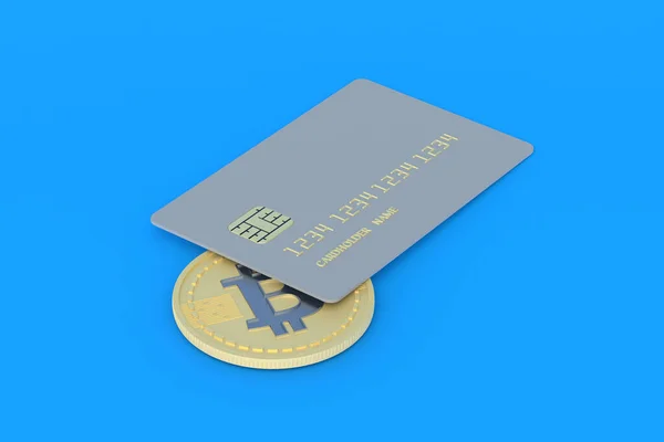 Tarjeta Crédito Moneda Bitcoin Sobre Fondo Azul Anónimo Moneda Pago — Foto de Stock