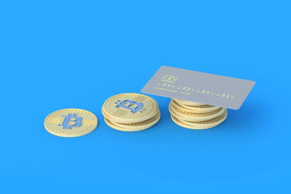 Karta Kredytowa Moneta Bitcoina Niebieskim Tle Anonimowy Alternatywna Waluta Płatności — Zdjęcie stockowe