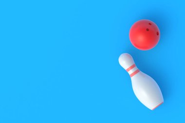 Kırmızı bovling topu ve mavi arka planda beyaz iğne. Aktif spor. Hobi ve boş zaman. Yarışma ve şampiyonluk. Uzayı kopyala Üst Manzara. 3d oluşturma