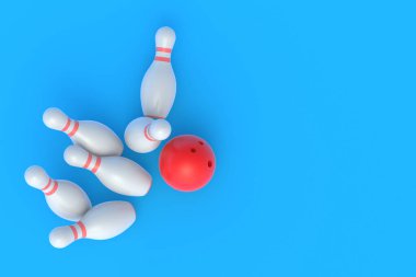 Kırmızı bowling topu mavi arka planda beyaz raptiyelere çarpıyor. Aktif spor. Hobi ve boş zaman. Yarışma ve şampiyonluk. Kazanmak ve başarı kavramı. 3d oluşturma
