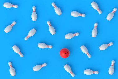Kırmızı bowling topu ve mavi arka planda beyaz raptiyeler. Aktif spor. Hobi ve boş zaman. Yarışma ve şampiyonluk. Üst Manzara. 3d oluşturma