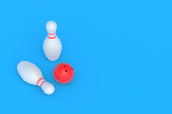 青い背景に赤いボーリングボールと白いピン アクティブスポーツ 趣味とレジャー 競争と選手権 コピースペース 3Dレンダリング — ストック写真