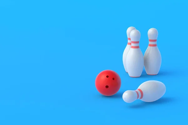 Röd Bowling Boll Och Vita Stift Blå Bakgrund Aktiv Sport — Stockfoto