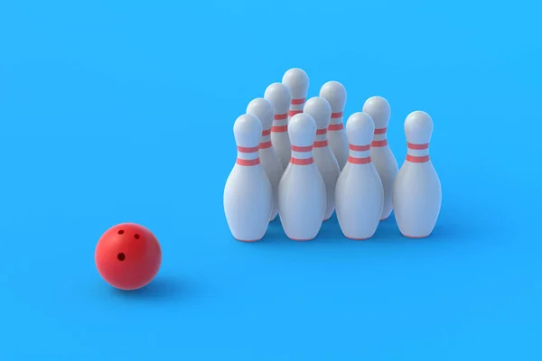 Bola Boliche Vermelho Pinos Brancos Forma Triângulo Fundo Azul Desporto — Fotografia de Stock