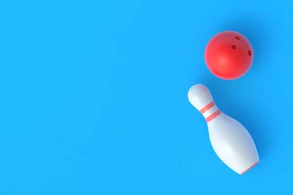 青い背景に赤いボーリングボールと白いピン アクティブスポーツ 趣味とレジャー 競争と選手権 コピースペース 最上階だ 3Dレンダリング — ストック写真