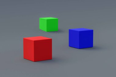 Gri arkaplanda kırmızı, yeşil ve mavi küpler. Çocuk zihinsel gelişimi kavramı. 3d oluşturma