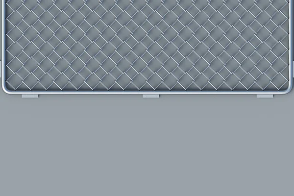 Section of metal grid fence on gray background. Protection of private territory. Temporary fencing in the city. Prison border. Construction for a dog enclosure. Top view. Copy space. 3d rendering