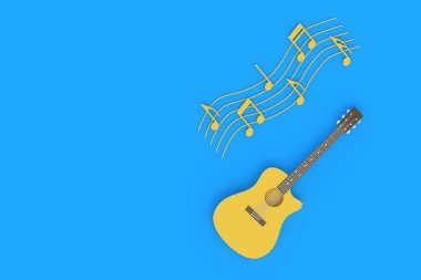 Bir klasik gitar ve mavi arka planda farklı notalar. Retro telli enstrüman. Müzik eğitimi. Canlı konser konsepti. Akustik ses. Üst Manzara. Uzayı kopyala 3d oluşturma