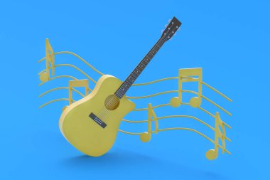 Bir klasik gitar ve mavi arka planda farklı notalar. Retro telli enstrüman. Müzik eğitimi. Canlı konser konsepti. Akustik ses. 3d oluşturma