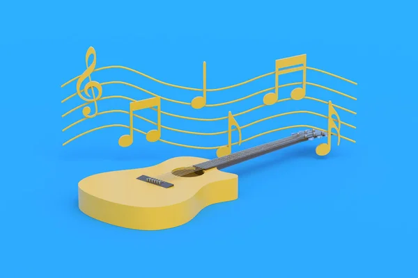 One Vintage Guitar Different Notes Blue Background Retro Stringed Instrument — Stock Photo, Image