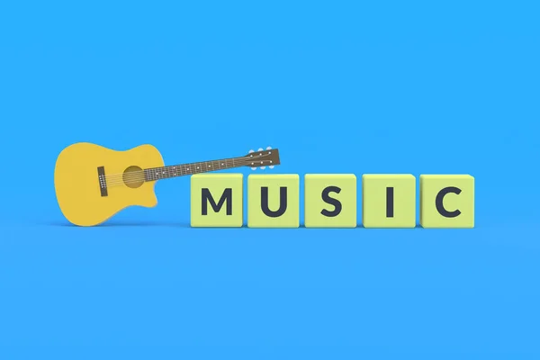 Word Music Cubes Acoustic Guitar Blue Background Live Concert Concept — Stock Photo, Image