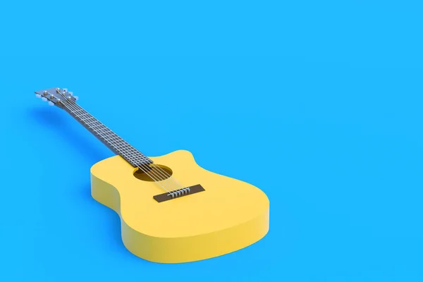 One vintage guitar on blue background. Retro stringed instrument. Musical education. Live concert concept. Copy space. 3d rendering