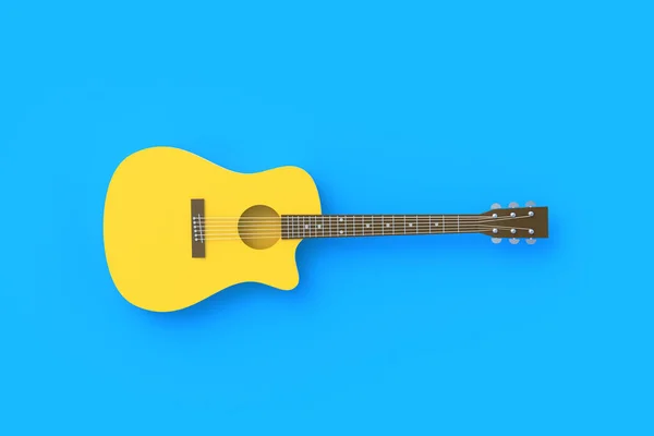 One vintage guitar on blue background. Retro stringed instrument. Musical education. Live concert concept. Top view. 3d rendering