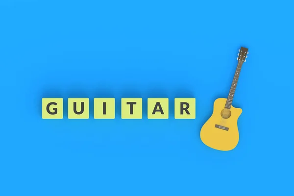Word Gitarre Auf Würfeln Neben Akustischem Instrument Auf Blauem Hintergrund — Stockfoto