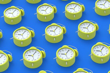 Mavi arka planda sıra sıra çalar saat. Uyanın ve günaydın konsepti. Dakiklik. Geri sayım ve son teslim tarihi. Uyku vakti. Günlük rejim. İş planlaması. 3d oluşturma