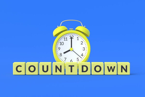 Alarm clock near inscription countdown on cubes on blue background. Wake-up and good morning concept. Punctuality and deadline. Daily regime. Business planning. 3d rendering