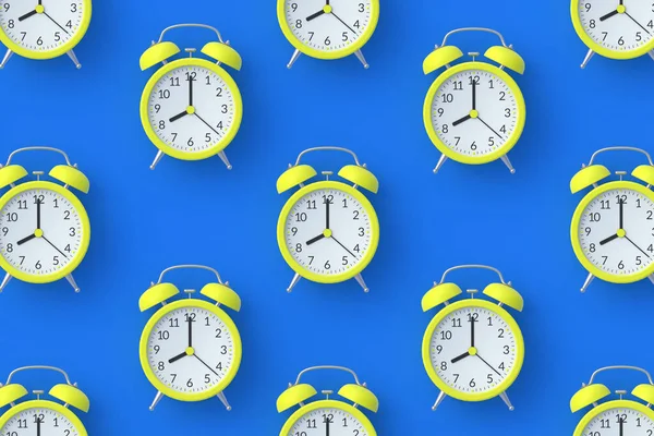 Filas Relojes Alarma Sobre Fondo Azul Despierta Buen Concepto Mañana —  Fotos de Stock