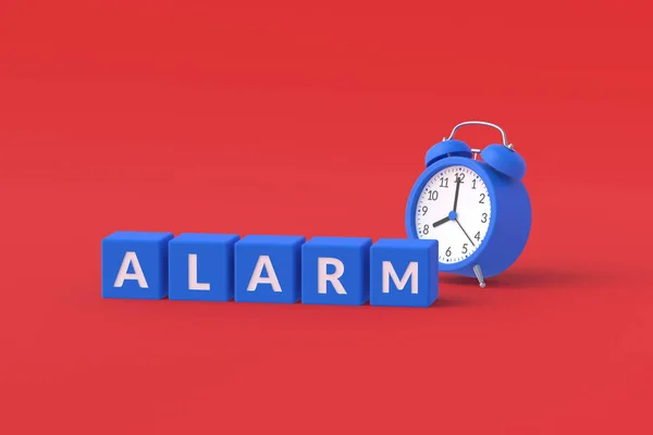 Reloj Cerca Alarma Inscripción Cubos Sobre Fondo Rojo Concepto Despertar — Foto de Stock