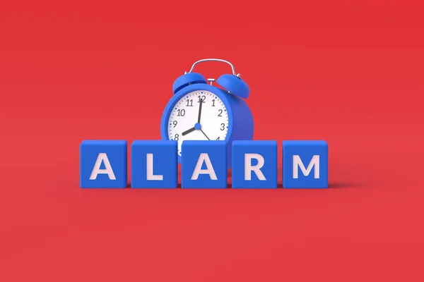 Clock Inscription Alarm Cubes Red Background Wake Anxiety Concept Punctuality — Stock Photo, Image