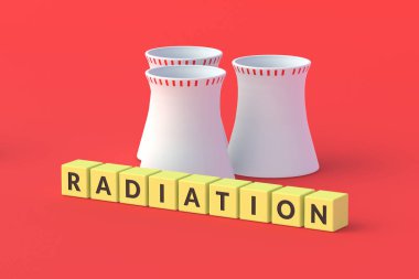 Inscription radiation on cubes near nuclear power plant. Harm to the environment. Toxic waste, emissions. Danger to others. Atomic energy. 3d rendering