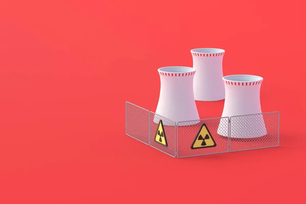 Cooling pipes of nuclear power plant and radiation sign on grid fence. Hazardous electricity production. Protection atomic station. Shielding radioactive waste from environment. 3d rendering