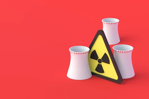 Охолоджуючі Труби Атомної Електростанції Радіаційний Знак Червоному Тлі Виробництво Небезпечної — стокове фото
