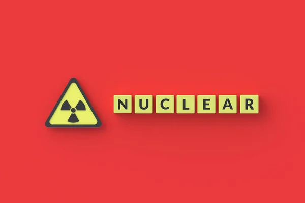 Cubes Word Nuclear Sign Radiation Hazard Red Background Top View — Stock Photo, Image