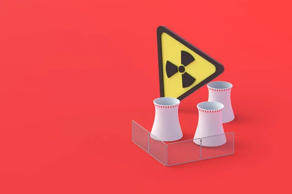 Nükleer Enerji Santralinin Soğutma Boruları Parmaklıklarda Radyasyon Işareti Tehlikeli Elektrik — Stok fotoğraf
