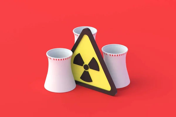 Cooling pipes of nuclear power plant and radiation sign on red background. Hazardous electricity production. Threat, pollution of the environment with radioactive waste. Atomic energy. 3d rendering