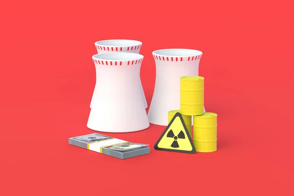 Nuclear power plant and money near barrels with toxic substance. Payment and time of storage or disposal of radiation waste. Buying or selling radioactive elements. Cost of electricity. 3d rendering