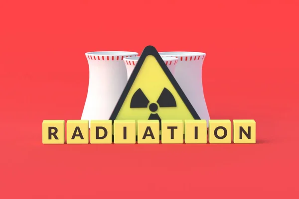 Zehirli Tehlike Işaretinin Yanında Kelime Radyasyonu Kırmızı Zemin Üzerinde Nükleer — Stok fotoğraf