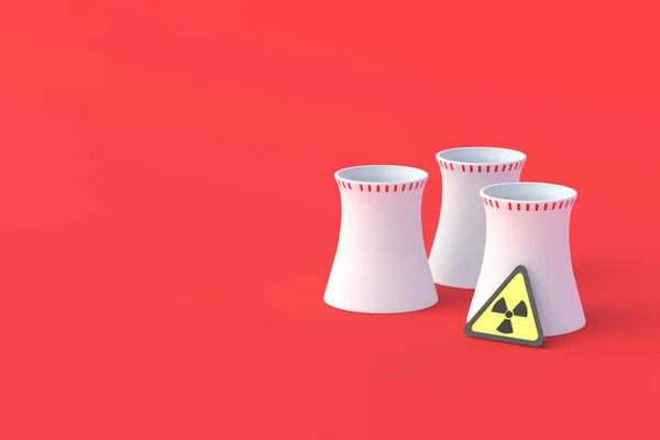 Охолоджуючі Труби Атомної Електростанції Радіаційний Знак Червоному Тлі Виробництво Небезпечної — стокове фото