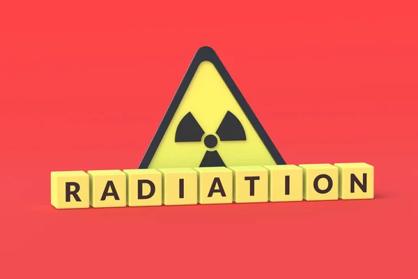 Cubes Word Radiation Sign Toxic Hazard Red Background Rendering — Stock Photo, Image