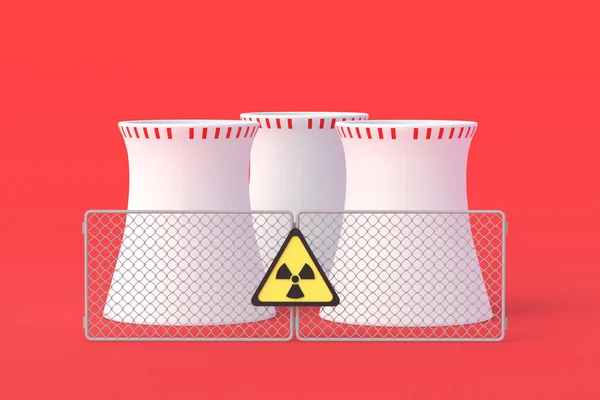 Cooling pipes of nuclear power plant and radiation sign, grid fence. Hazardous electricity production. Protection atomic station. Shielding radioactive waste from environment. 3d rendering