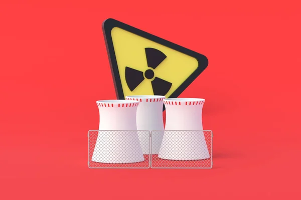 Cooling pipes of nuclear power plant and radiation sign on grid fence. Hazardous electricity production. Protection atomic station. Shielding radioactive waste from environment. 3d rendering