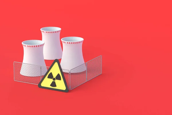 Cooling pipes of nuclear power plant and radiation sign on grid fence. Hazardous electricity production. Protection atomic station. Shielding radioactive waste from environment. 3d rendering