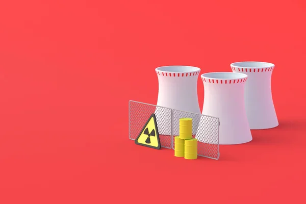 Nuclear power plant and barrels with radioactive waste near sign and fence. Processing, storage and removal or transportation hazardous substances. Electricity generating. 3d rendering