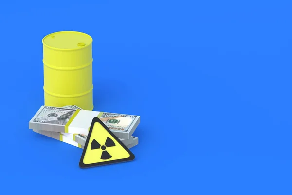 Beczka Toksycznymi Substancjami Pieniędzmi Oznakami Promieniowania Kupno Sprzedaż Pierwiastków Radioaktywnych — Zdjęcie stockowe
