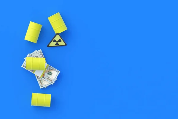 Beczki Toksycznymi Substancjami Pieniędzmi Oznakami Promieniowania Kupno Sprzedaż Pierwiastków Radioaktywnych — Zdjęcie stockowe