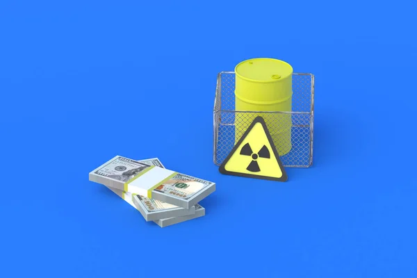 Barrel with toxic substance and money. Payment for storage, protection, disposal or processing of radioactive waste. Earnings, profitability of the chemical or nuclear industry. 3d render