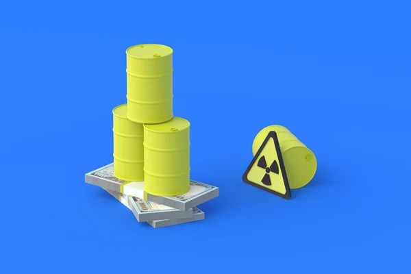 带有有毒物质 金钱和辐射标志的桶 销售放射性元素 处置和储存危险废物的费用 盈利能力 核电厂的收入 3D渲染 — 图库照片