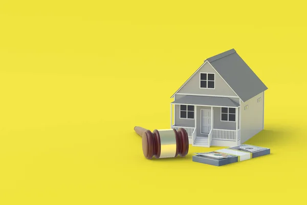 House, money and judge gavel. Purchase, sale of real estate. Taxation at home. Property division. Bidding, lot at auction. Confiscation and seizure. Construction costs and legal regulations. 3d render
