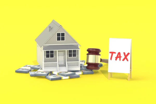 法官的槌和横幅与题词税的黄色背景 建筑公司的税收 赢得房地产 3D渲染 — 图库照片