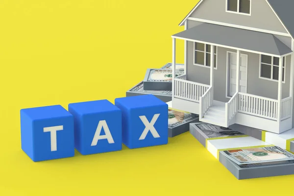 金钱和立方体与登记税的黄色背景 建筑公司的税收 赢得房地产 3D渲染 — 图库照片