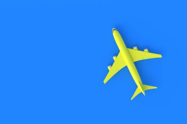 Mavi arka planda modern yolcu uçağı. Charter uçuşları. Hava ulaşımı. Uluslararası havayolları. Turist seyahati. Uzayı kopyala Üst Manzara. 3d oluşturma