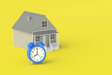 Klasik çalar saatin yanındaki ev. Satılık. Emlak şirketi. Zaman ve hız. Sınırlı teklif. Uzayı kopyala 3d oluşturma