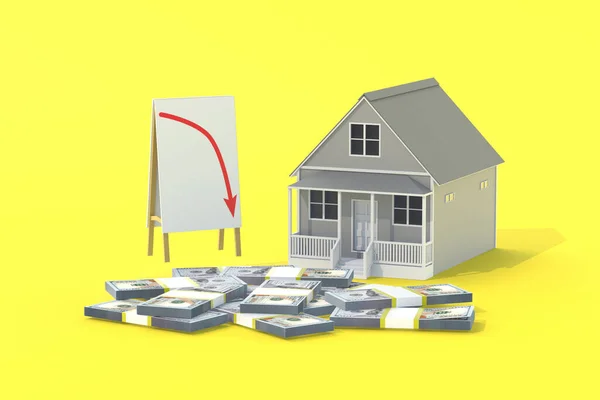 金钱和横幅与红色向下箭头 建筑公司股份 廉价住房需求的下降 减少税收 3D渲染 — 图库照片