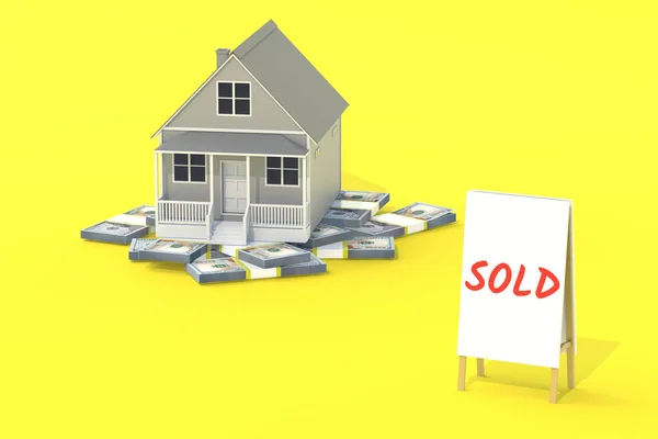 靠近横幅的钱和题词都卖出去了 建立商业概念 房地产公司 经济适用住房 向人民提供贷款 销售成本 3D渲染 — 图库照片
