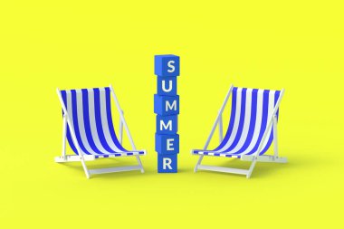 Çizgili plaj sandalyeleri ve sarı arka planda yazı anlatan küplerle. Yaz zamanı. Kumsalda rahatla, tatil köyü. Güneş banyosu. Egzotik tatil. 3d oluşturma